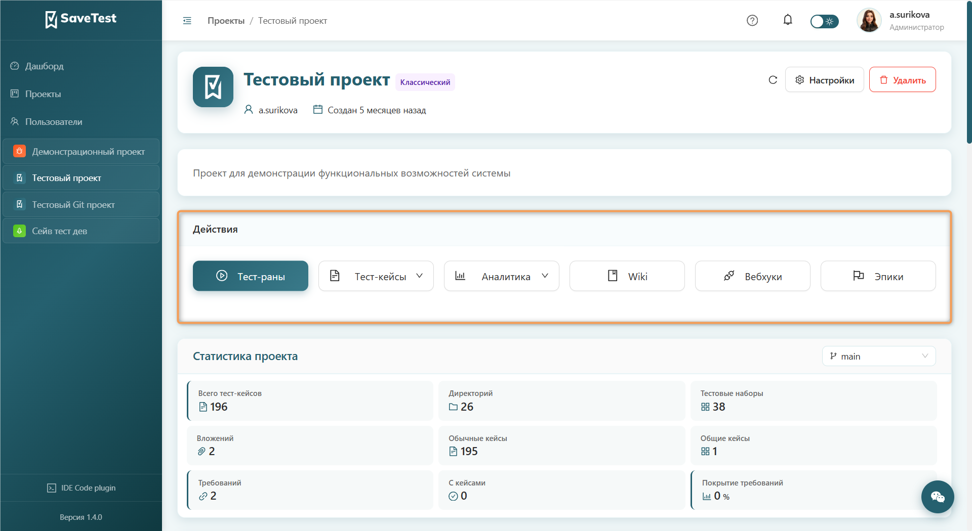 Действия проекта