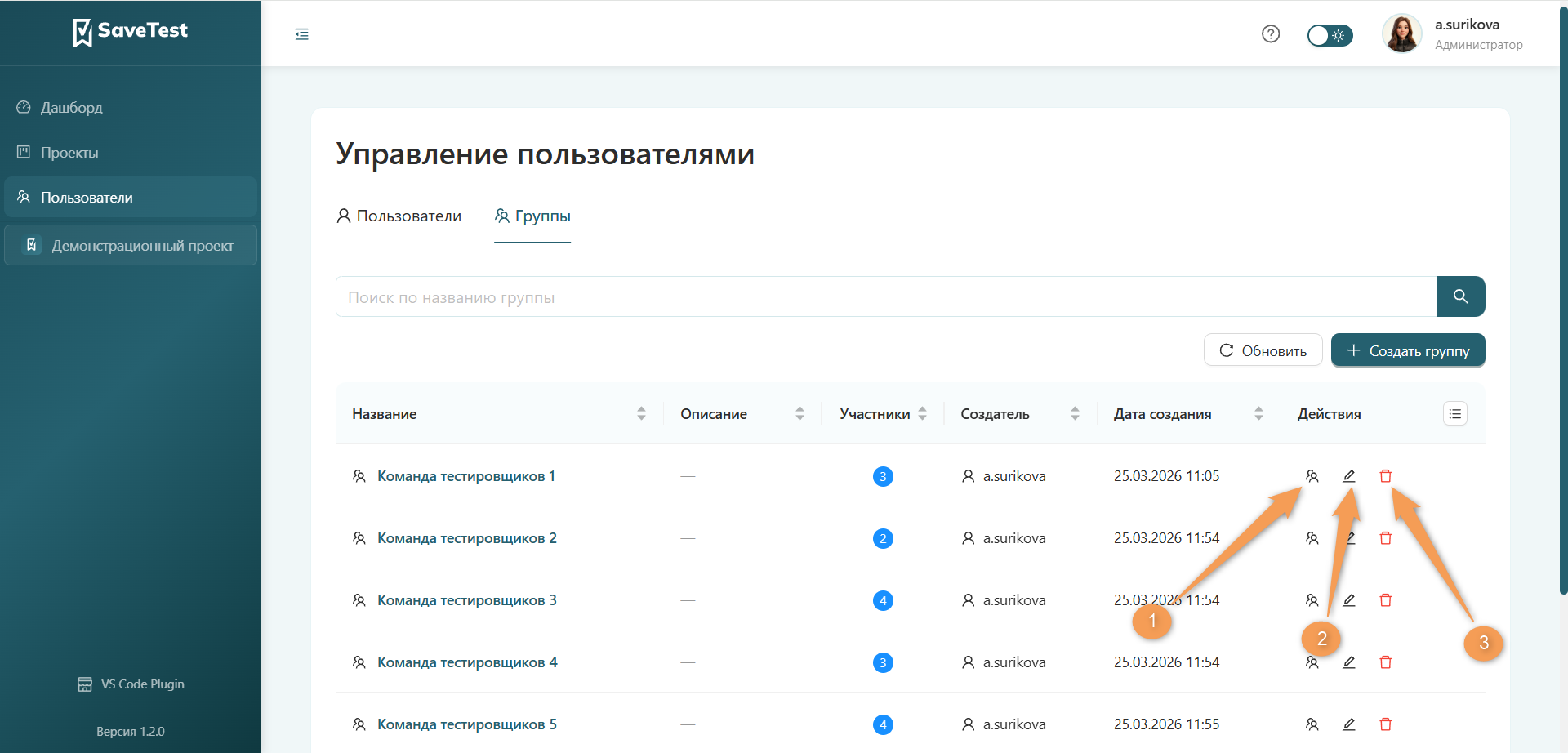 Быстрые действия групп