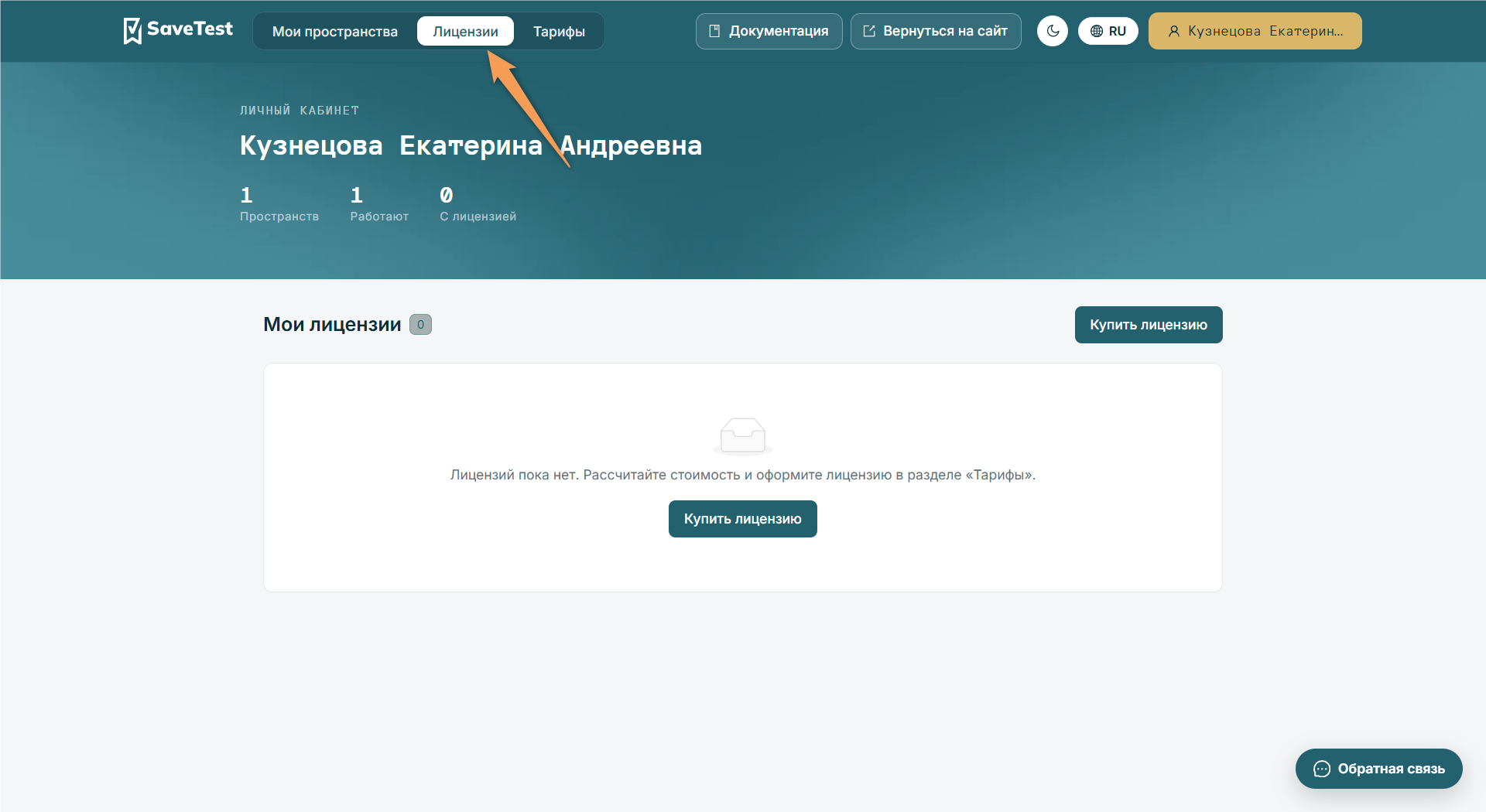 Страница лицензии в пространстве
