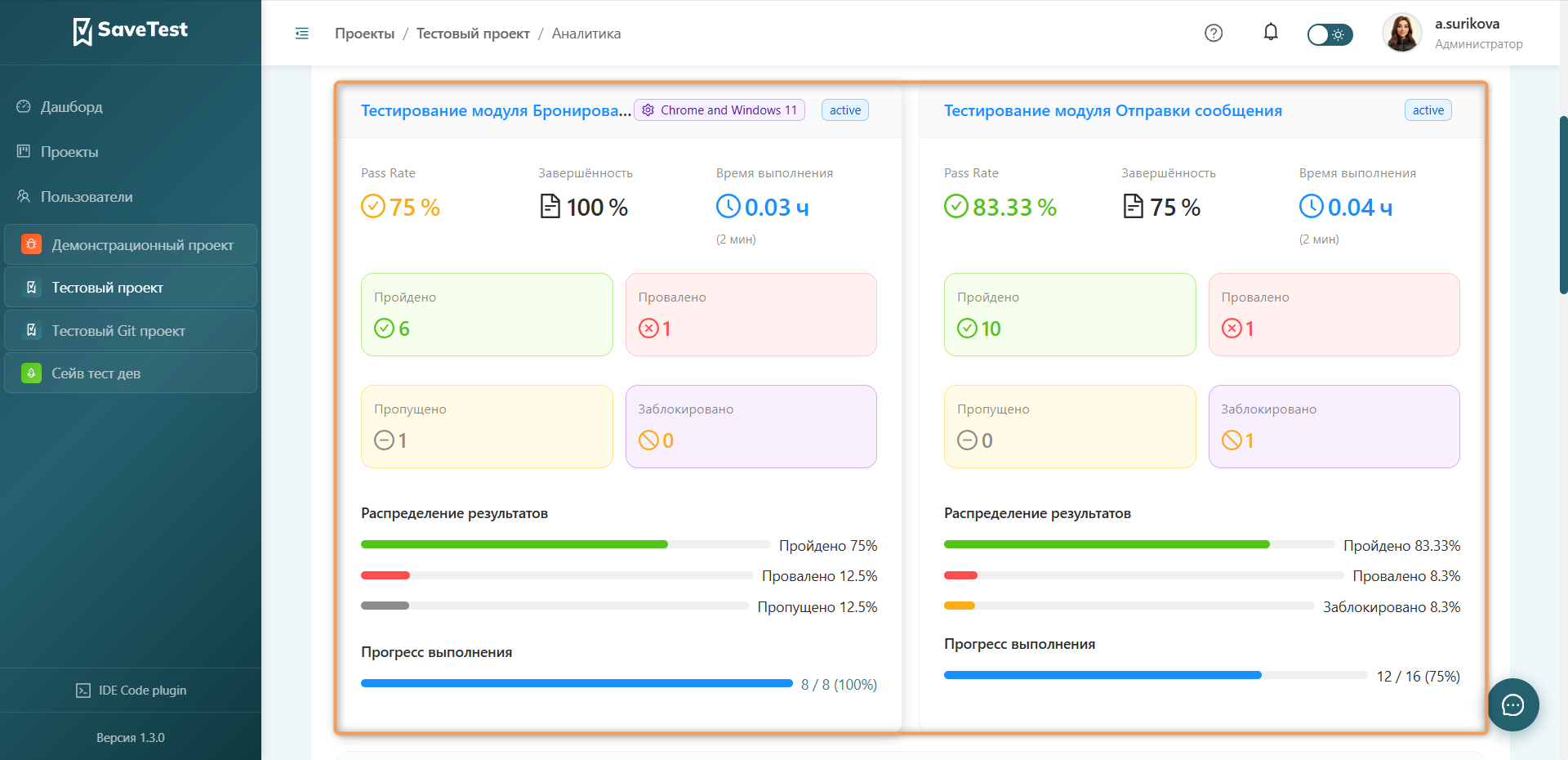Сводная информация тест-раны
